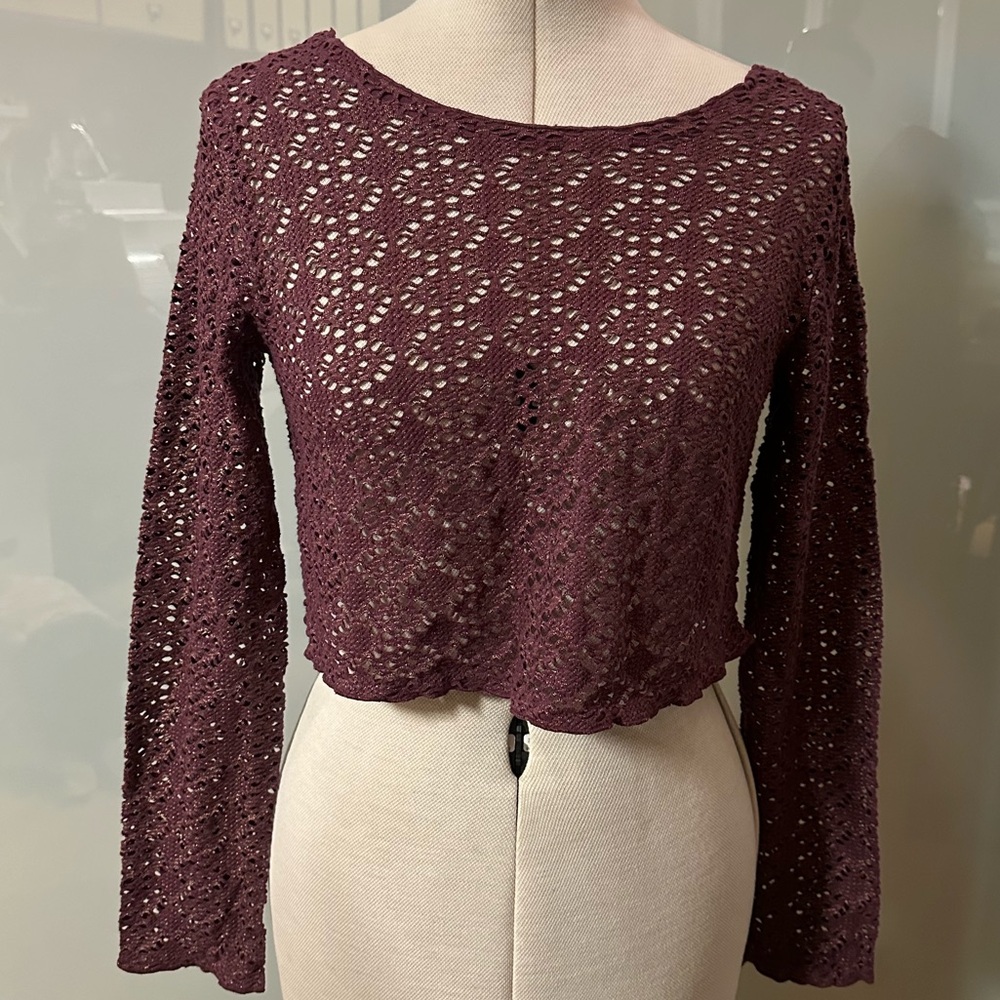 Burgundy Free People long sleeve, open back, lace crop top